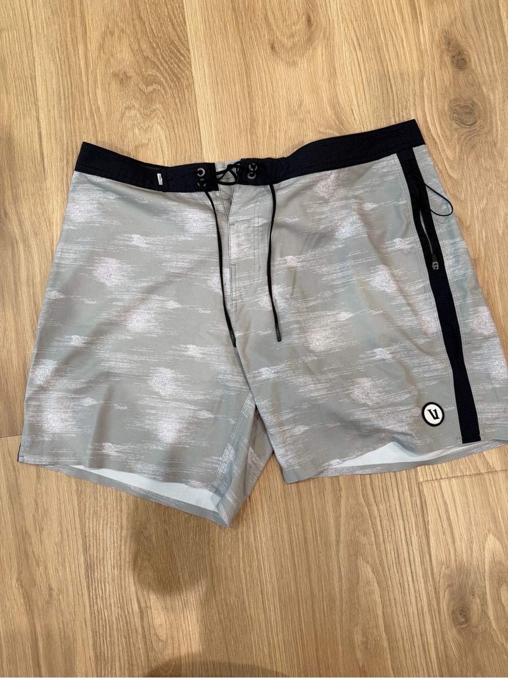 Vuori Light Gray Swim Board Shorts with Black Waist Detail